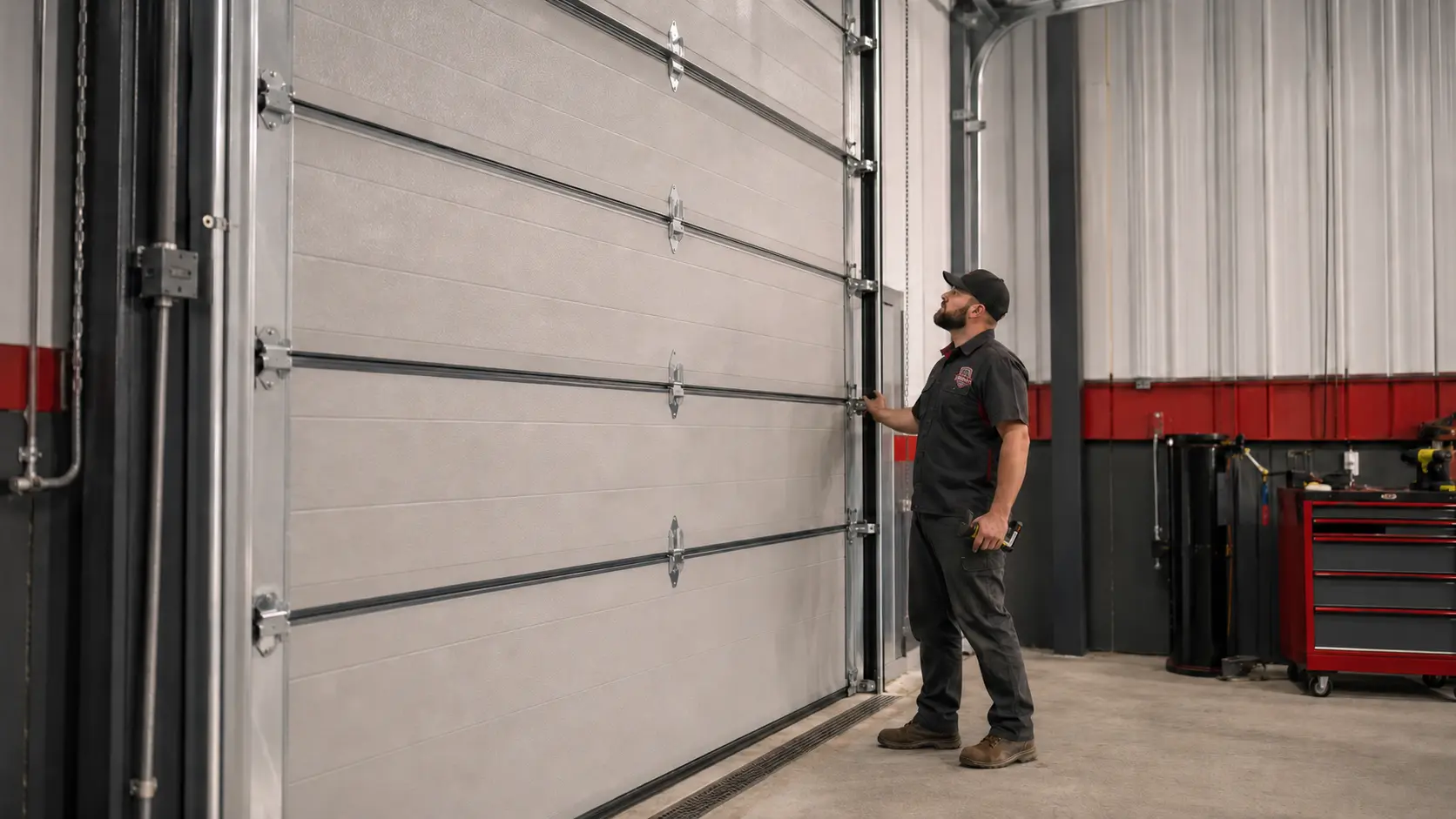 Drinan-uniformed technician inspecting a commercial sectional overhead door