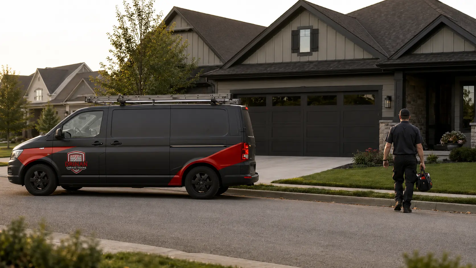 Technician approaching a Central Ohio home beside a branded Drinan service van parked at the curb