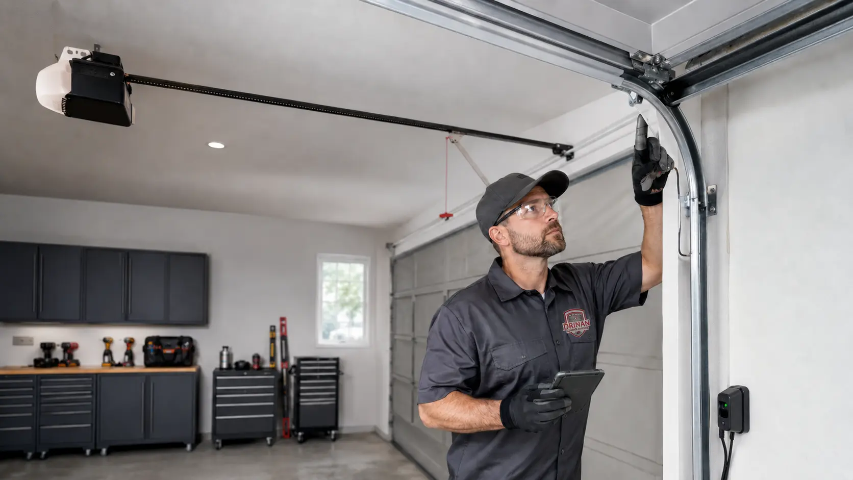 Drinan-uniformed technician visually inspecting a residential garage door track